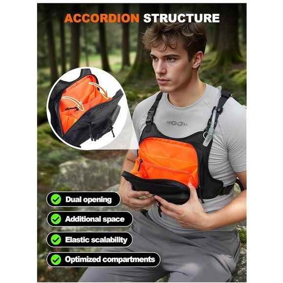 Chest Bag For Men With Accordion Structure, Multiple Pockets With Water Bag, New - Picture 2 of 14
